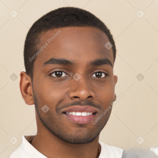 Joyful black young-adult male with short  brown hair and brown eyes