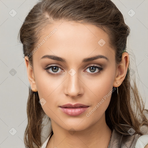 Neutral white young-adult female with long  brown hair and brown eyes