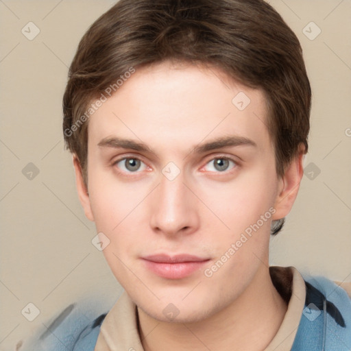 Neutral white young-adult male with short  brown hair and grey eyes