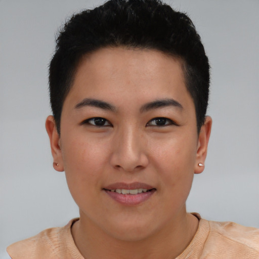 Joyful asian young-adult female with short  black hair and brown eyes
