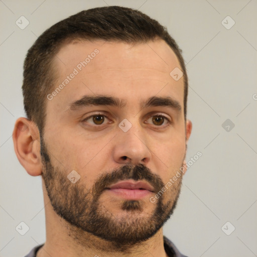 Neutral white young-adult male with short  brown hair and brown eyes