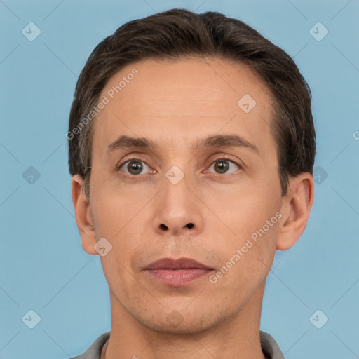 Neutral white adult male with short  brown hair and brown eyes