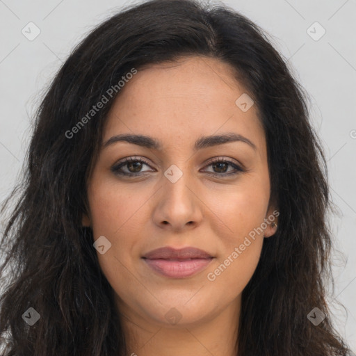 Joyful latino young-adult female with long  brown hair and brown eyes