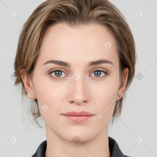 Neutral white young-adult female with medium  brown hair and grey eyes