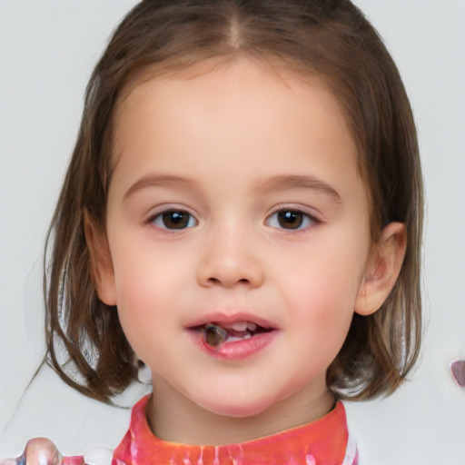 Joyful white child female with medium  brown hair and brown eyes