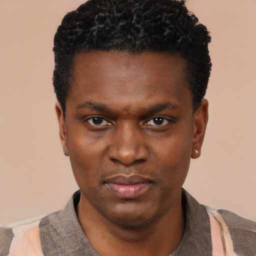 Neutral black young-adult male with short  black hair and brown eyes