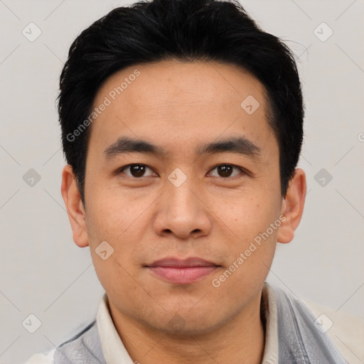 Joyful asian young-adult male with short  black hair and brown eyes