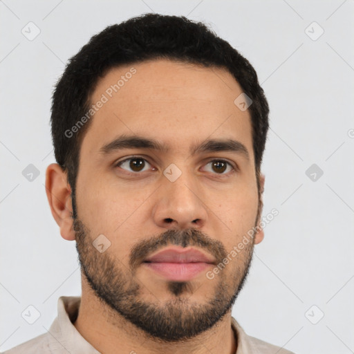 Neutral latino young-adult male with short  black hair and brown eyes