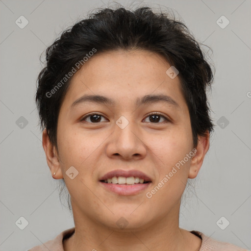 Joyful asian young-adult female with short  brown hair and brown eyes