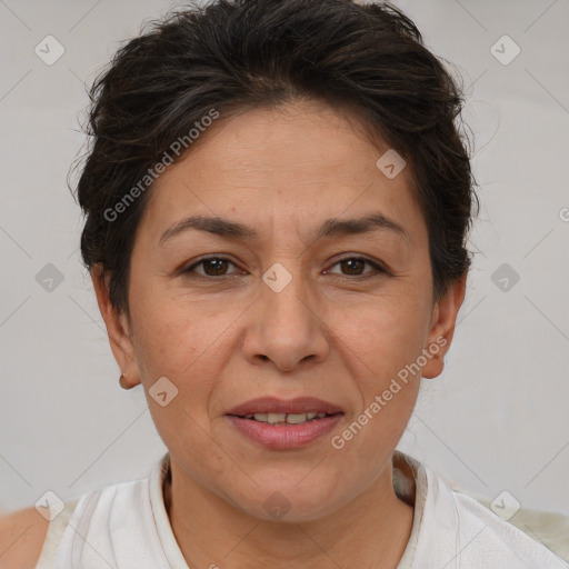 Joyful white adult female with short  brown hair and brown eyes