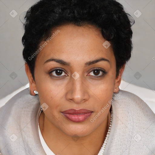 Joyful black young-adult female with short  brown hair and brown eyes