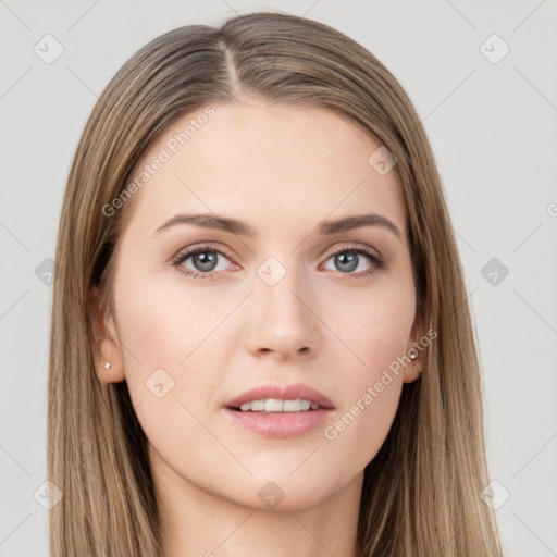 Neutral white young-adult female with long  brown hair and brown eyes