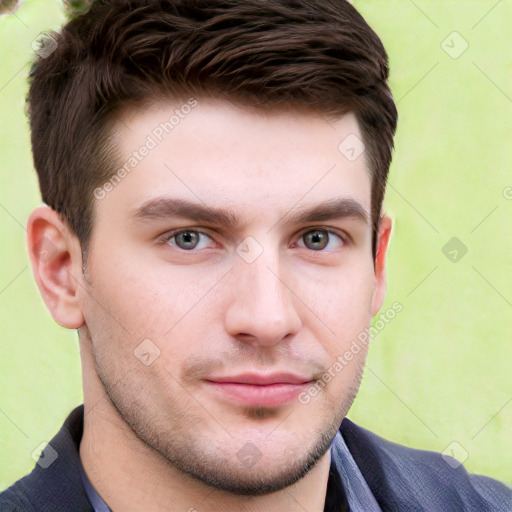 Neutral white young-adult male with short  brown hair and grey eyes