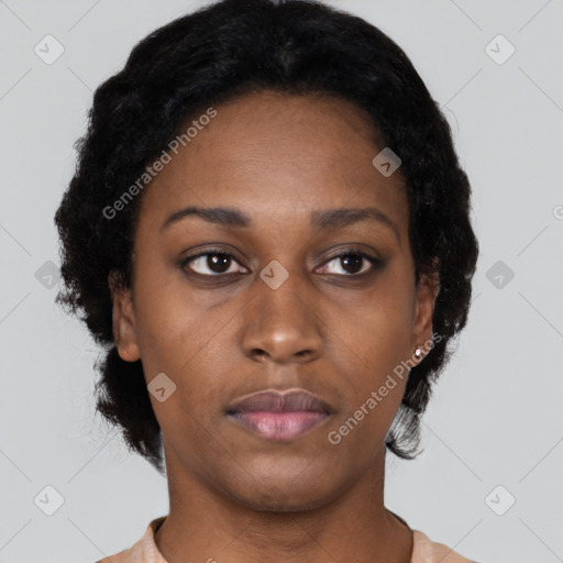 Neutral black young-adult female with short  black hair and brown eyes