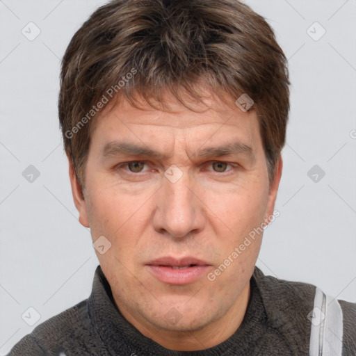 Neutral white adult male with short  brown hair and brown eyes