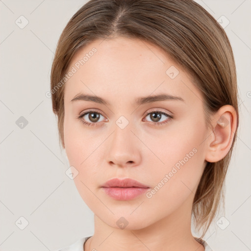 Neutral white young-adult female with medium  brown hair and brown eyes