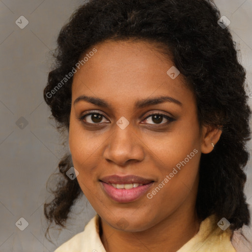 Joyful black young-adult female with medium  brown hair and brown eyes