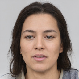 Neutral asian young-adult female with medium  brown hair and brown eyes