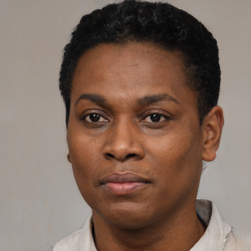 Neutral black adult female with short  black hair and brown eyes