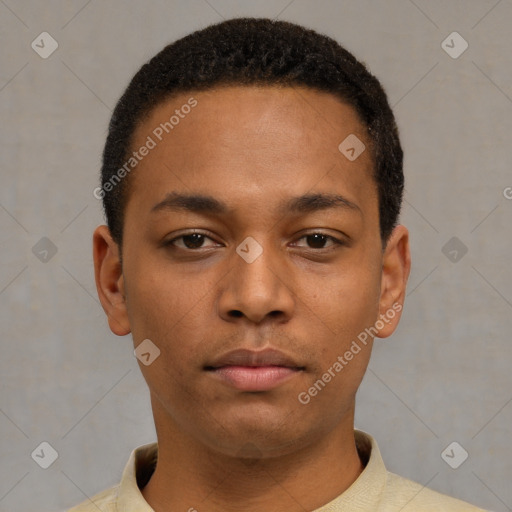 Neutral latino young-adult male with short  black hair and brown eyes