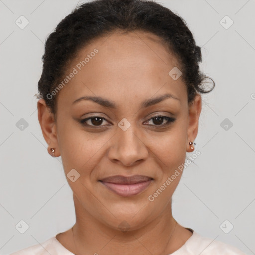 Joyful latino young-adult female with short  brown hair and brown eyes