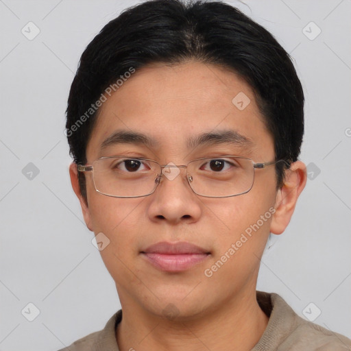 Neutral asian young-adult male with short  brown hair and brown eyes