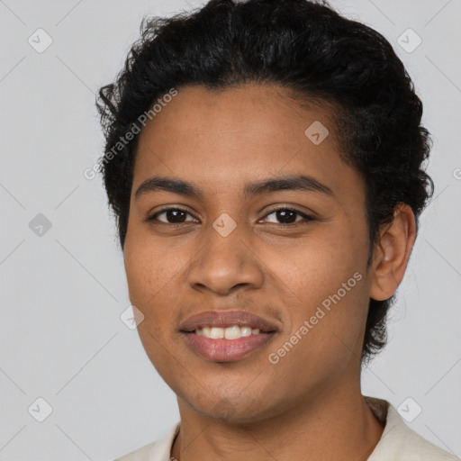 Joyful latino young-adult female with short  black hair and brown eyes