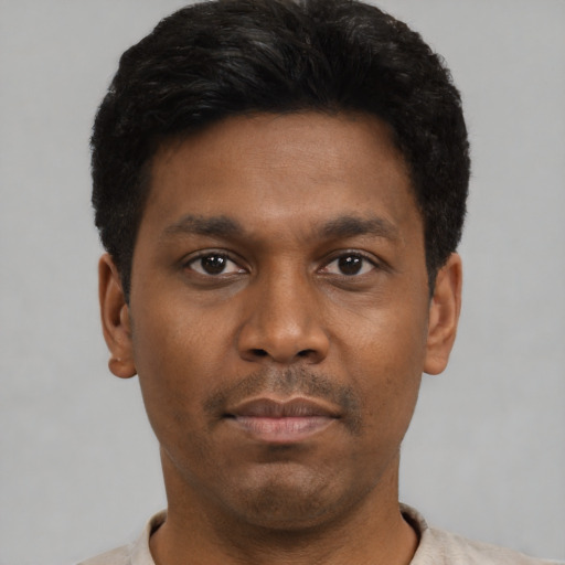 Neutral black young-adult male with short  black hair and brown eyes