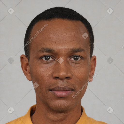 Neutral black young-adult male with short  black hair and brown eyes