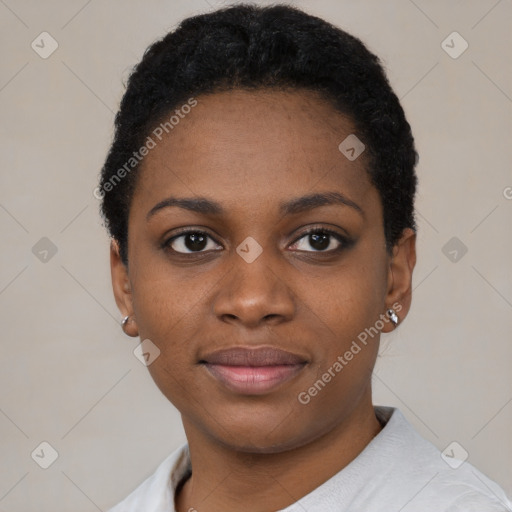 Neutral black young-adult female with short  black hair and brown eyes