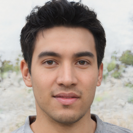 Neutral asian young-adult male with short  black hair and brown eyes