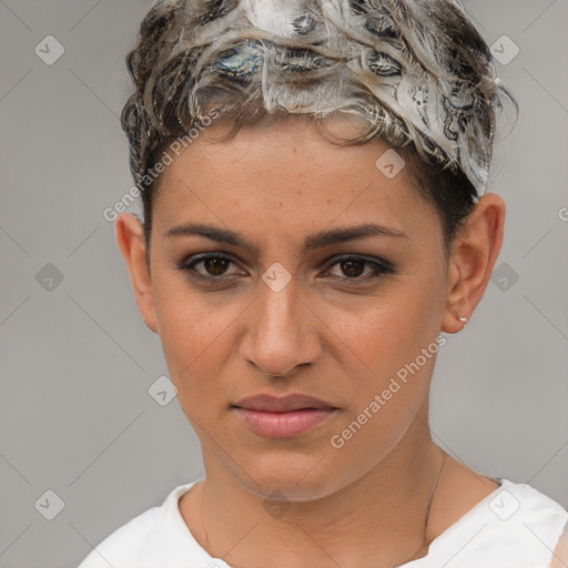 Joyful white young-adult female with short  brown hair and brown eyes