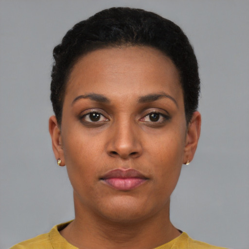 Neutral black young-adult female with short  black hair and brown eyes