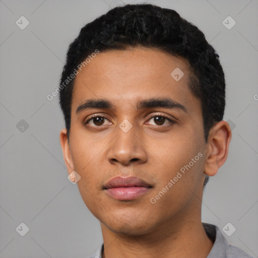 Neutral latino young-adult male with short  black hair and brown eyes