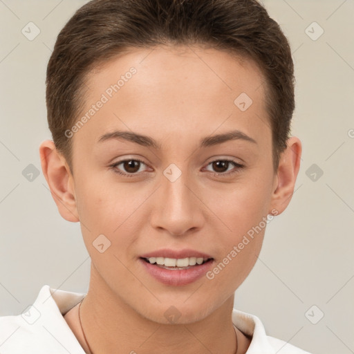 Joyful white young-adult female with short  brown hair and brown eyes