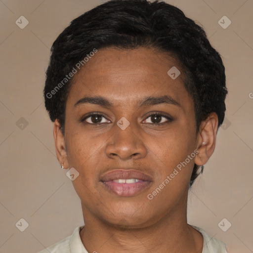 Joyful black young-adult female with short  brown hair and brown eyes