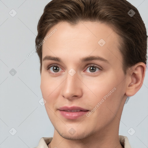 Joyful white young-adult female with short  brown hair and brown eyes