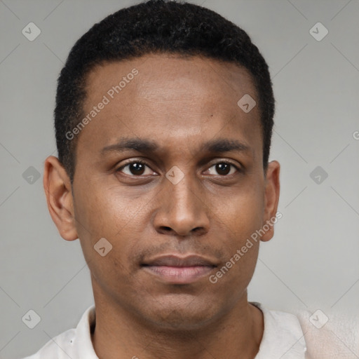 Neutral latino young-adult male with short  black hair and brown eyes