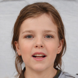 Joyful white child female with medium  brown hair and grey eyes