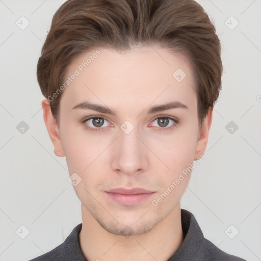 Neutral white young-adult male with short  brown hair and brown eyes