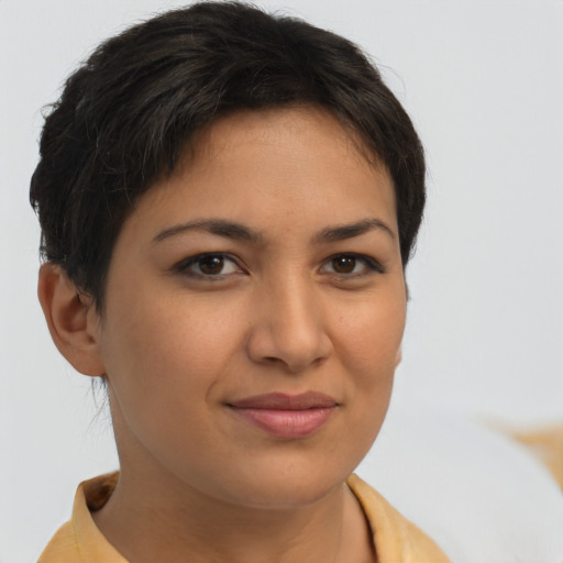 Joyful latino young-adult female with short  brown hair and brown eyes