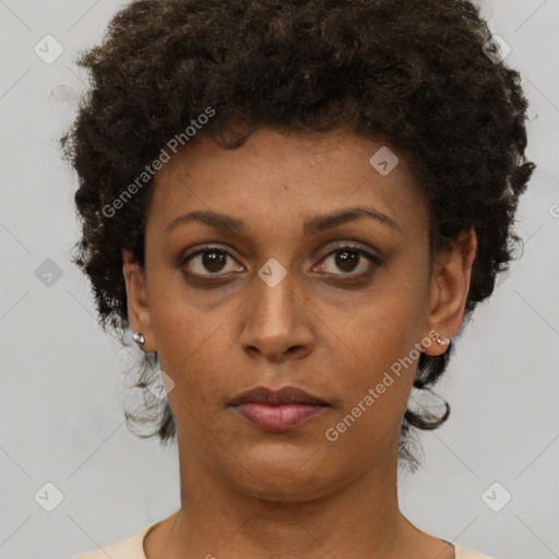 Neutral black young-adult female with short  brown hair and brown eyes