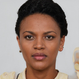 Neutral black young-adult female with short  black hair and brown eyes