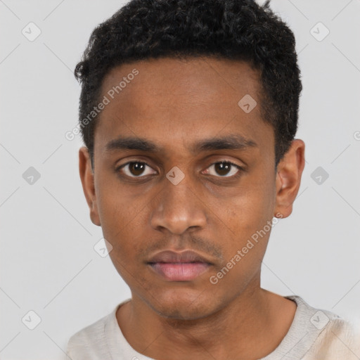 Neutral black young-adult male with short  black hair and brown eyes