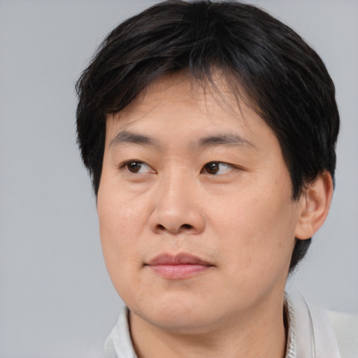 Neutral asian adult male with short  brown hair and brown eyes