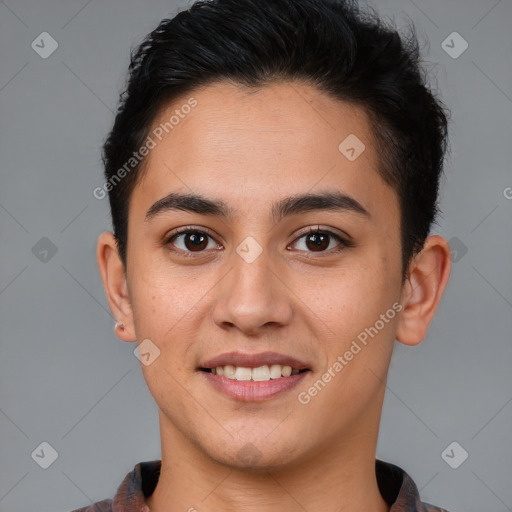 Joyful white young-adult male with short  brown hair and brown eyes