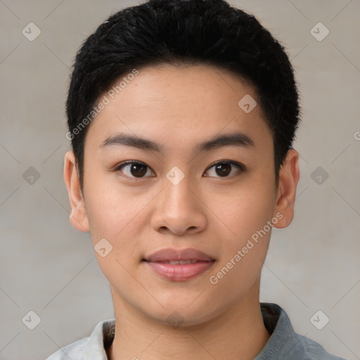 Joyful white young-adult female with short  black hair and brown eyes