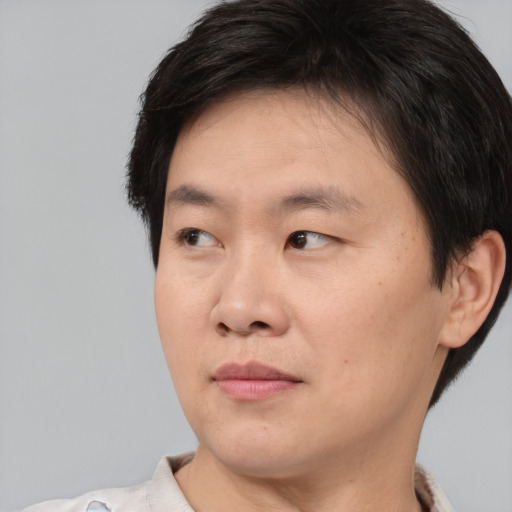 Joyful asian adult male with short  brown hair and brown eyes