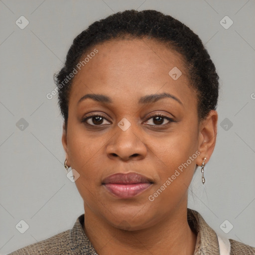 Joyful black adult female with short  black hair and brown eyes