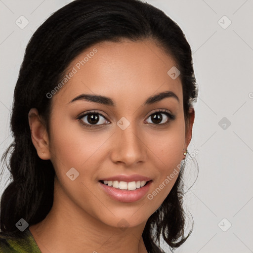 Joyful latino young-adult female with medium  brown hair and brown eyes